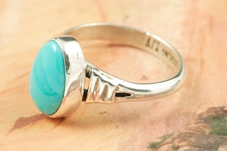 Genuine Sleeping Beauty Turquoise set in Sterling Silver Ring. The Sleeping Beauty Turquoise mine is located in Gila County, Arizona. Created by Navajo Artist Thomas Valencia. Signed by the artist.